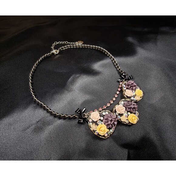 Vintage Betsey Johnson Floral Heart Statement Necklace With Rhinestones - Picture 2 of 5